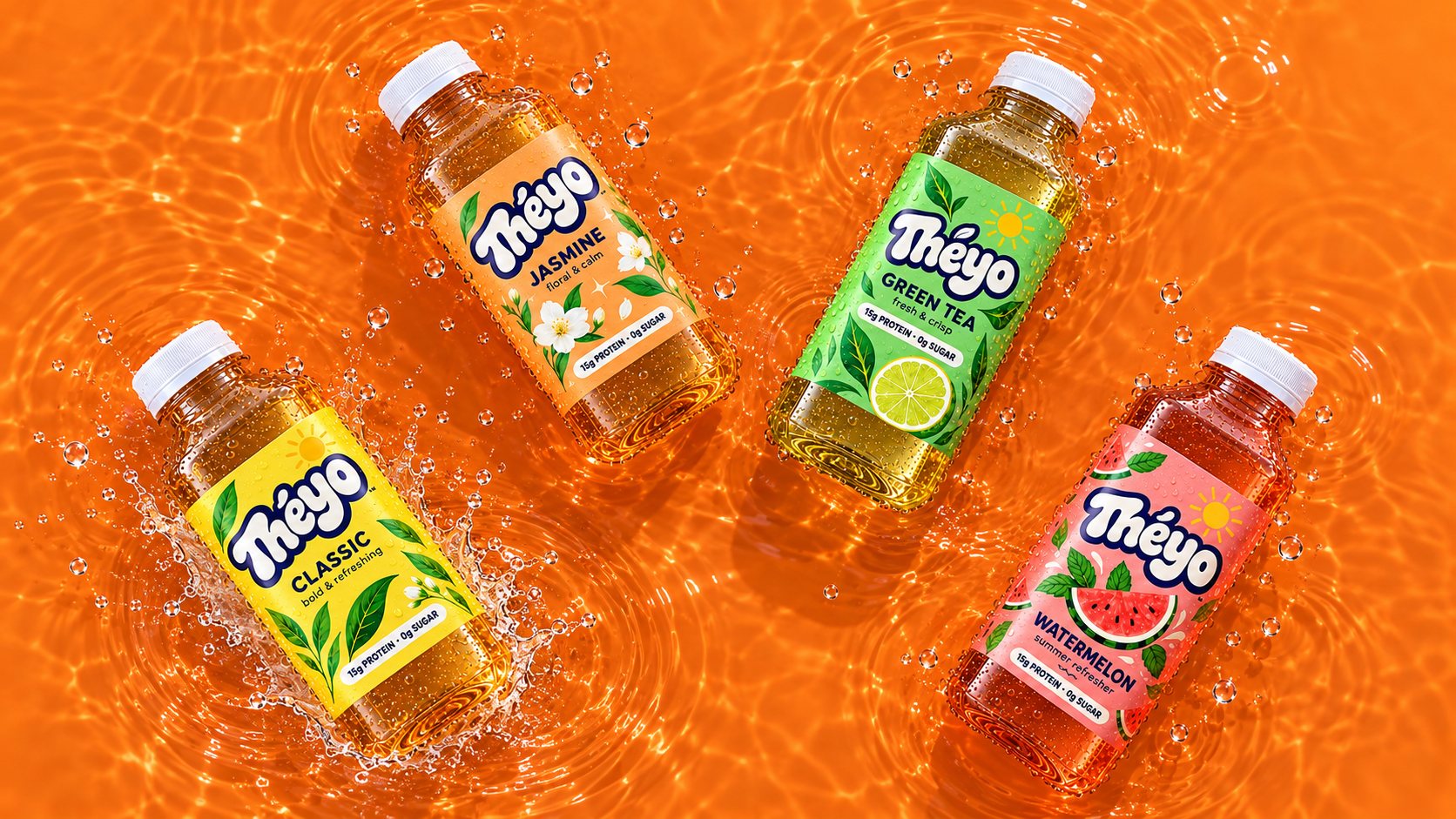 Four Théyo bottles, Classic, Jasmine, Green Tea and Watermelon, floating in orange water